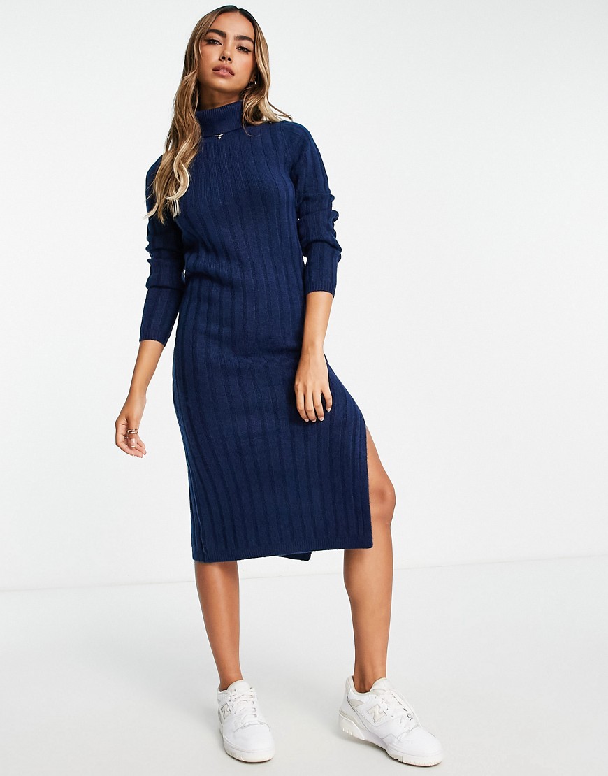 ASOS DESIGN knitted midi dress with roll neck in navy