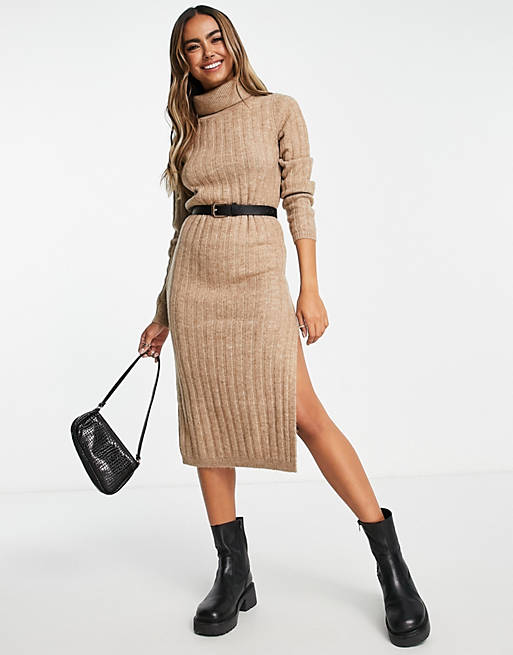 ASOS DESIGN knitted midi dress with roll neck in taupe | ASOS