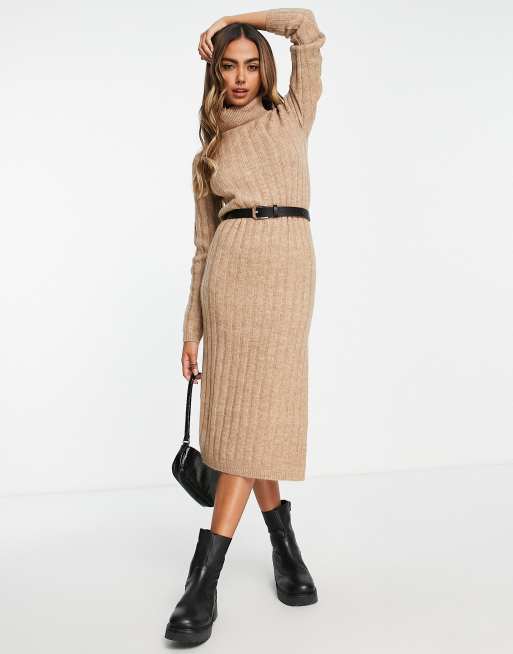 ASOS DESIGN knitted midi dress with roll neck in taupe ASOS