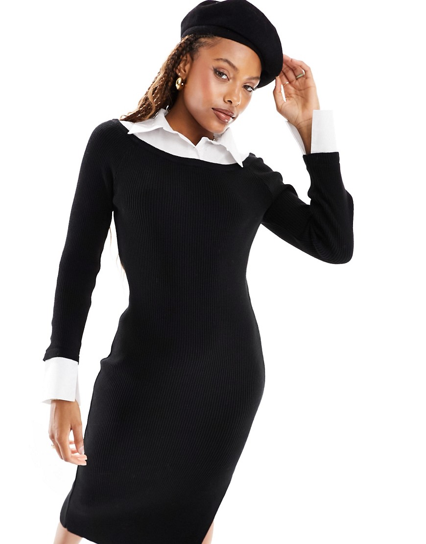 ASOS DESIGN knitted midi dress with shirt collar in black