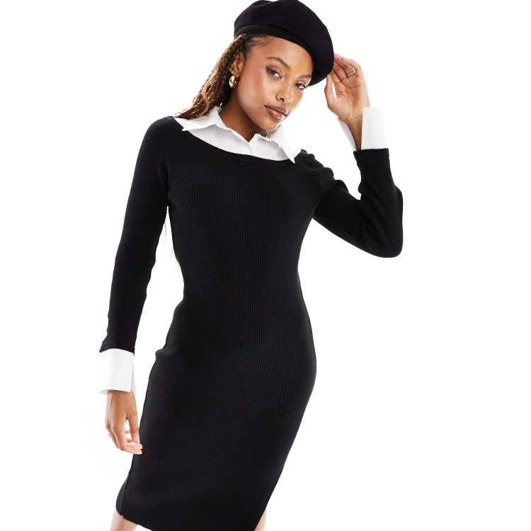 asos black dress white collar ASOS Skater Dress with Contrast Collar in White