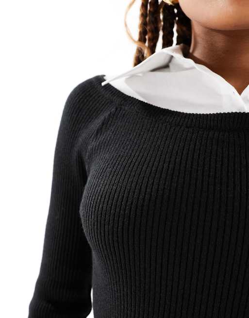 asos black dress white collar ASOS DESIGN knitted midi dress with shirt collar in black