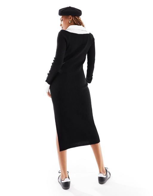asos black dress white collar ASOS DESIGN knitted midi dress with shirt collar in black