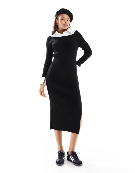 ASOS DESIGN knitted midi dress with shirt collar in black