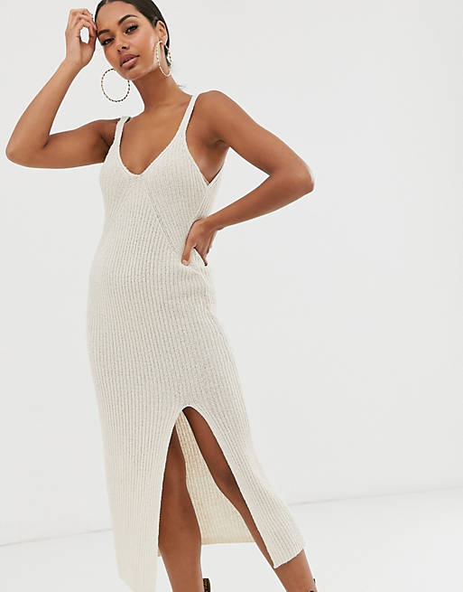 ASOS DESIGN knitted midi dress with split in natural look yarn