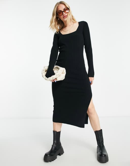 ASOS DESIGN knitted midi dress with square neck in black