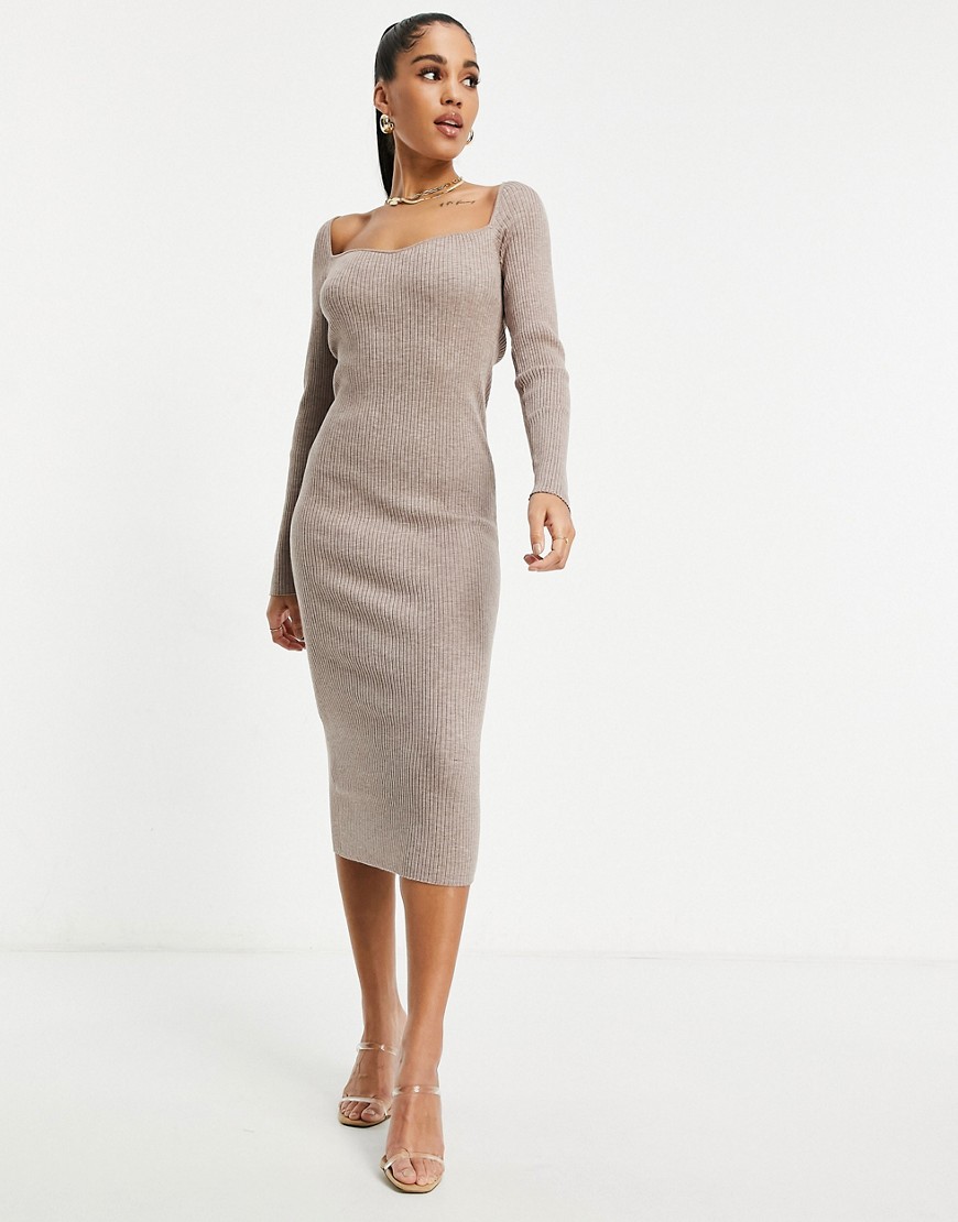 ASOS DESIGN knitted midi dress with sweetheart neck detail in taupe-Neutral
