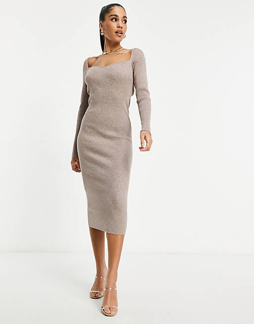 ASOS DESIGN knitted midi dress with sweetheart neck detail in taupe | ASOS