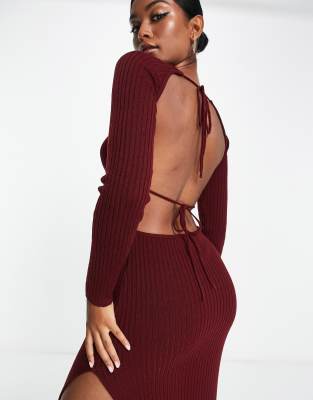 Asos Design Knitted Midi Dress With Tie Back Detail In Dark Red