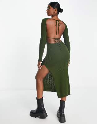 ASOS DESIGN knitted midi dress with tie back detail in khaki | ASOS