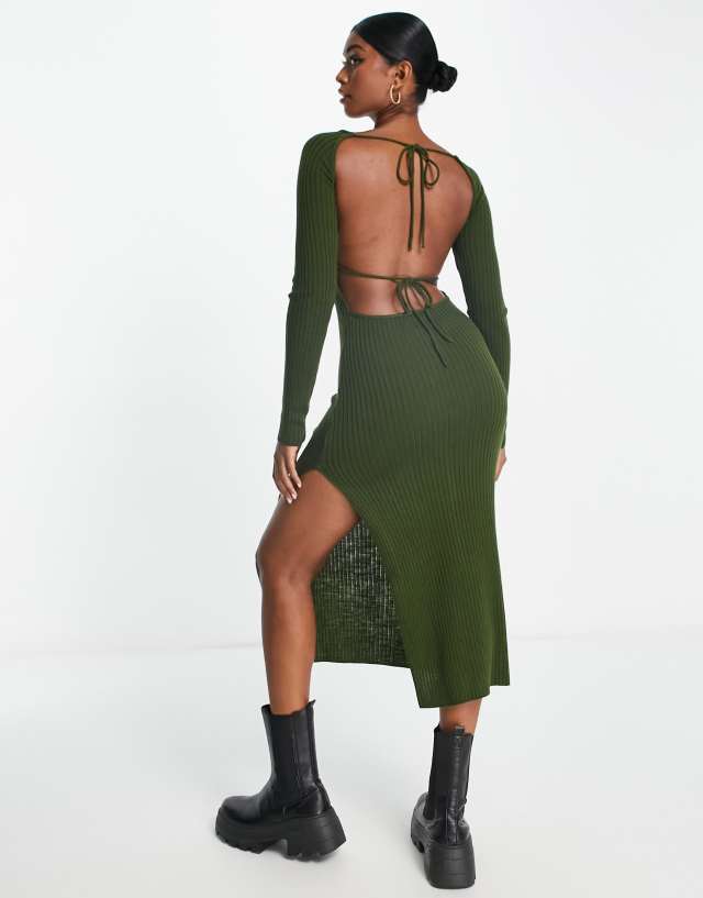 ASOS DESIGN knitted midi dress with tie back detail in khaki