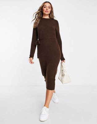 ASOS DESIGN knitted midi dress with tie waist in brown - ASOS Price Checker