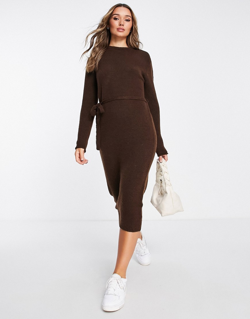 ASOS DESIGN knitted midi dress with tie waist in brown