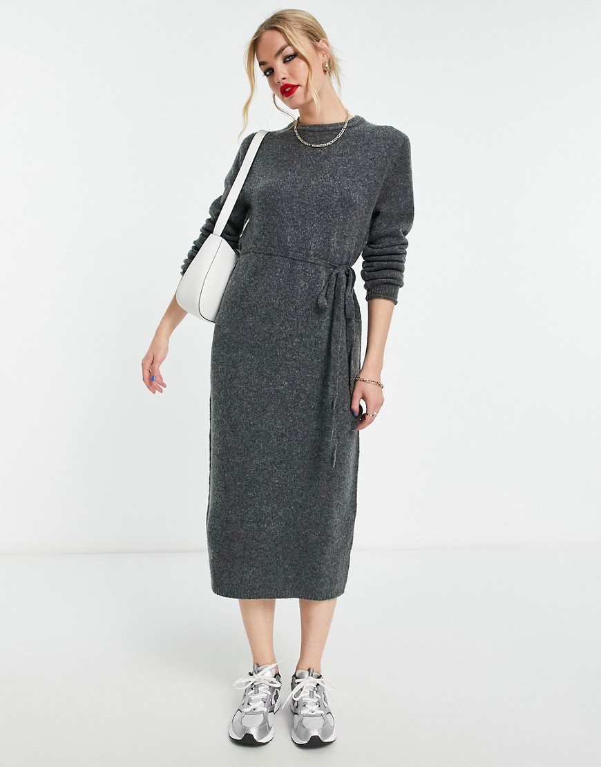 ASOS DESIGN knitted midi dress with tie waist in charcoal-Gray