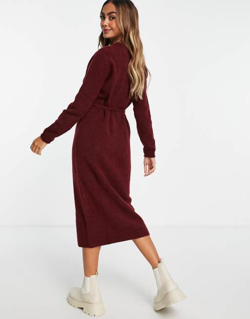 ASOS DESIGN knitted midi dress with tie waist in dark red , 2 of 4