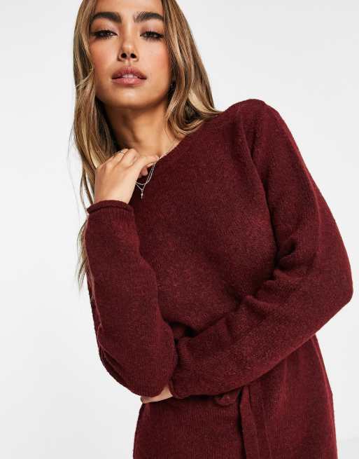 ASOS DESIGN knitted midi dress with tie waist in dark red , 3 of 4