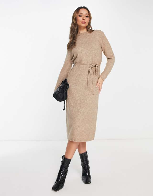 ASOS DESIGN - knitted midi dress with tie waist in oatmeal