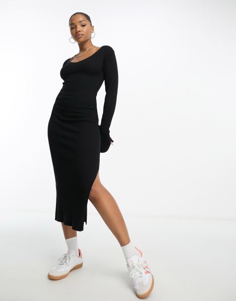 Plus Black Jersey V Neck Long Sleeve Midi Dress