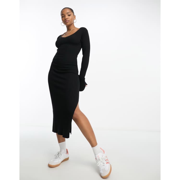 ASOS DESIGN knitted midi dress with v neck in rib in black