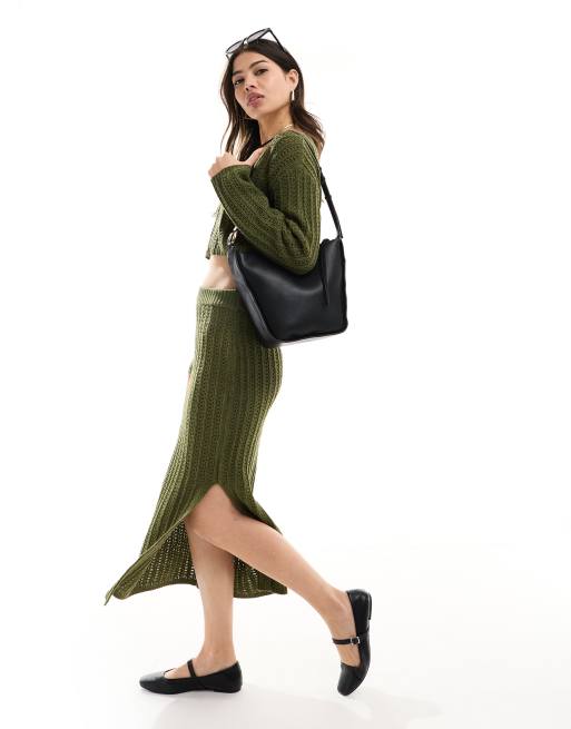 ASOS DESIGN knitted midi skirt in open stitch in khaki (part of a set)