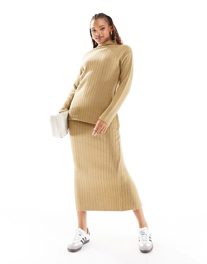 ASOS DESIGN knitted midi skirt in rib co-ord in camel-Neutral