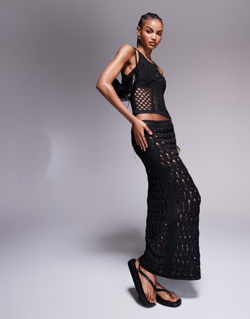 ASOS DESIGN knitted midi skirt in stitch detail in black (part of a set)