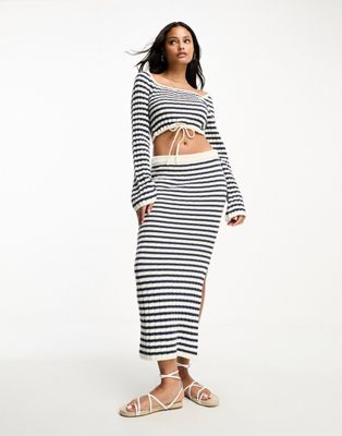 ASOS DESIGN knitted midi skirt in stripe in navy and cream co-ord