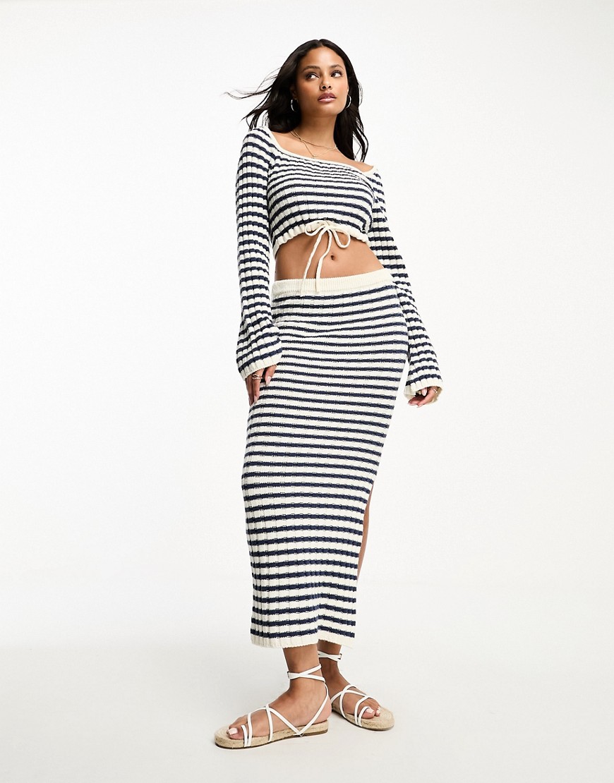 Asos Design Knitted Midi Skirt In Stripe In Navy And Cream - Part Of A Set-multi