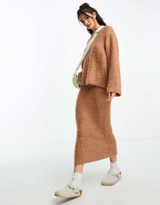 ASOS DESIGN oversized sweater & midi skirt set in textured yarn in camel