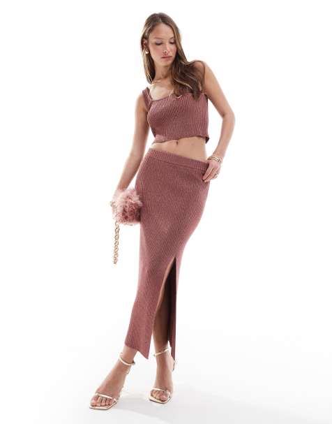 ASOS DESIGN knitted midi skirt with side split in metallic yarn in brown co-ord - view 1