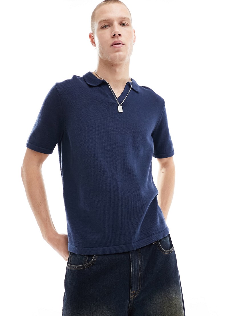 ASOS DESIGN knitted midweight cotton notch neck polo in navy