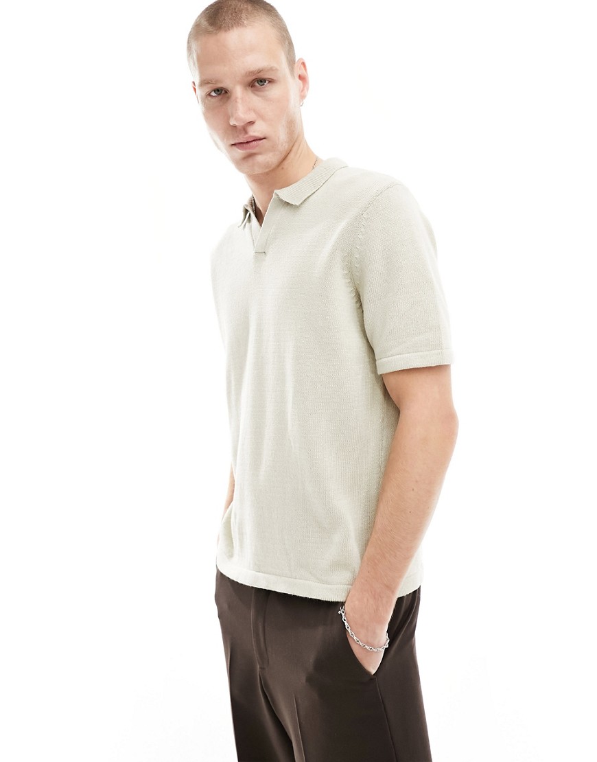 ASOS DESIGN knitted midweight cotton notch neck polo in stone-Neutral
