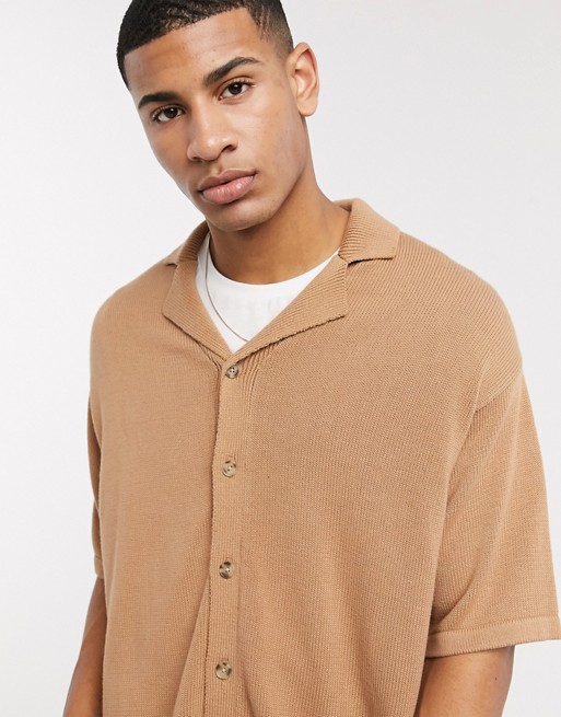 ASOS DESIGN knitted midweight oversized button polo t-shirt in light tan