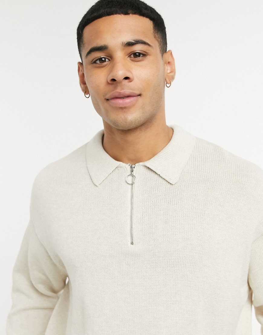 ASOS DESIGN knitted midweight oversized zip polo sweater in oatmeal-Neutral