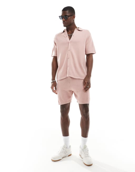 ASOS DESIGN knitted midweight shorts set in pink