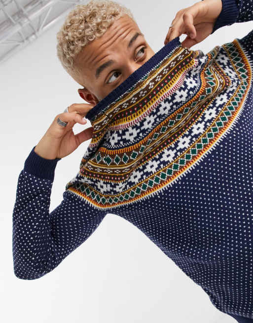 ASOS DESIGN knitted midweight yoke fairisle jumper in navy | ASOS