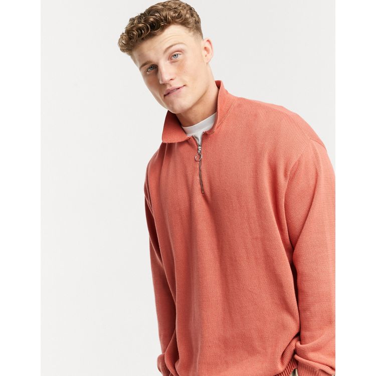 ASOS DESIGN knitted midweight zip polo sweater in apricot | ASOS