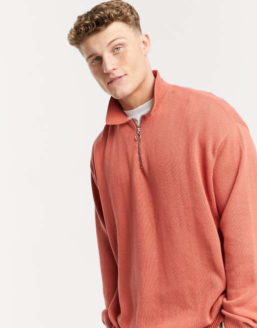 ASOS DESIGN knitted midweight zip polo sweater in apricot