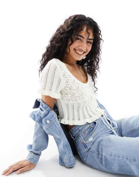 ASOS DESIGN knitted milkmaid top in open stitch with tie waist in cream - view 1