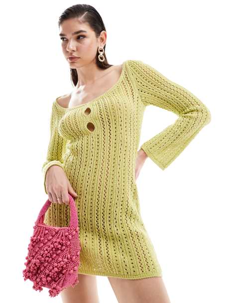 ASOS DESIGN knitted mini dress in stitch detail with cut out in lime - view 1