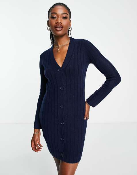 ASOS DESIGN knitted mini dress with button through detail in navy - view 1