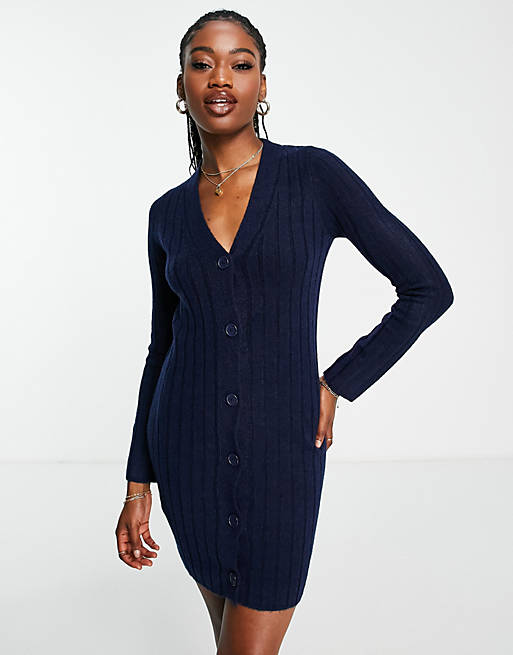 ASOS DESIGN knitted mini dress with button through detail in navy | ASOS