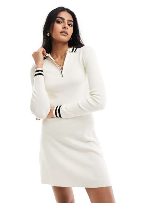 ASOS DESIGN knitted mini dress with collar and tipping detail in cream, 2 of 4