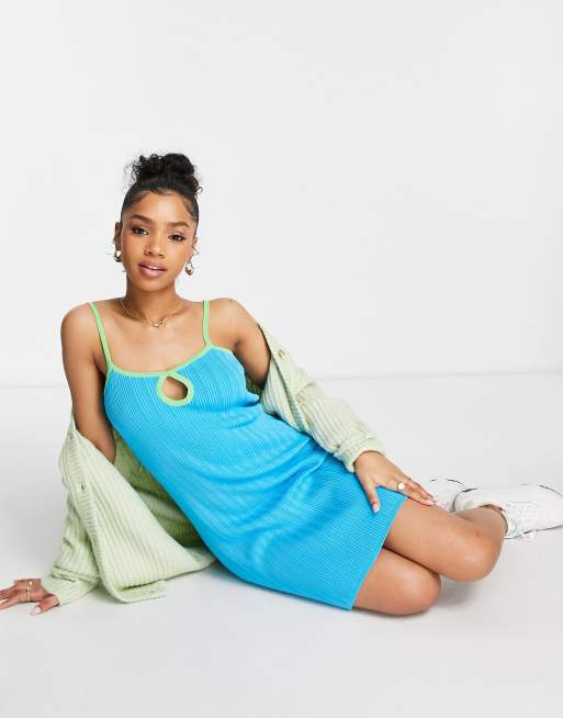 ASOS DESIGN knitted mini dress with cut out detail and contrast trims in blue