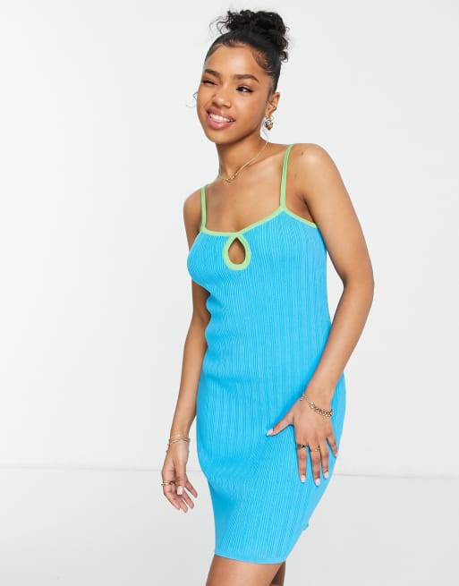 ASOS DESIGN knitted mini dress with cut out detail and contrast trims in blue, 3 of 4