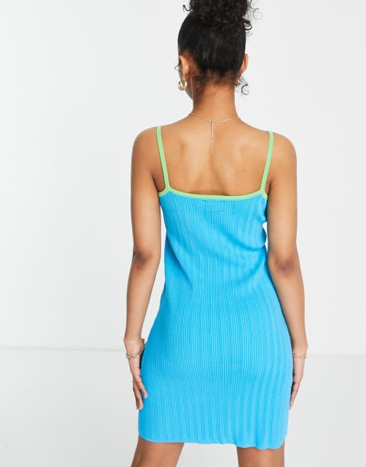 ASOS DESIGN knitted mini dress with cut out detail and contrast trims in blue, 4 of 4