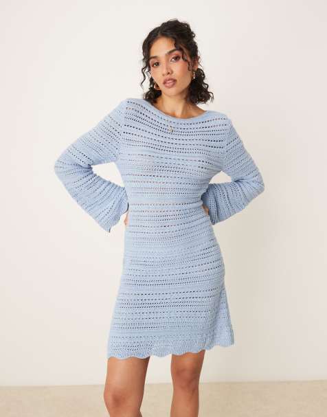 ASOS DESIGN knitted mini dress with flared sleeve in light blue - view 1
