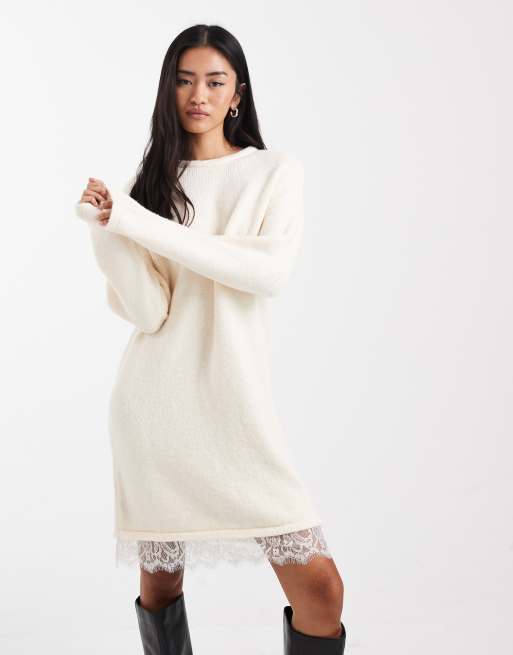 ASOS DESIGN knitted mini dress with lace trim detail in ecru, 3 of 4