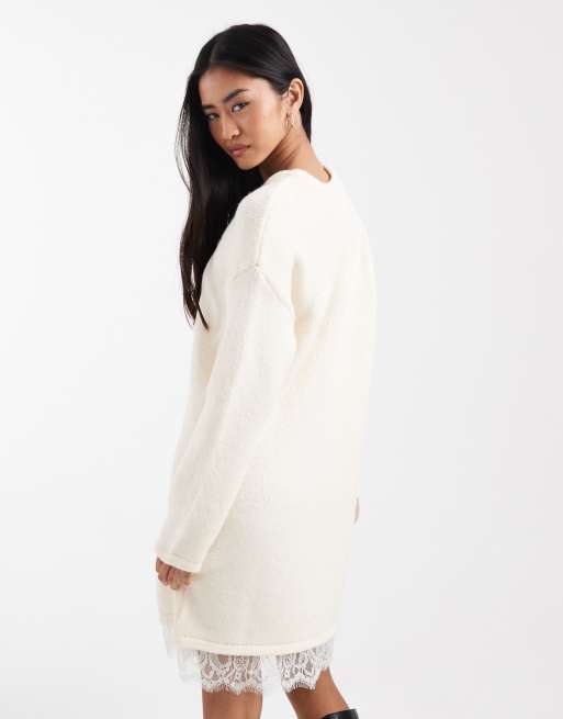 ASOS DESIGN knitted mini dress with lace trim detail in ecru, 4 of 4