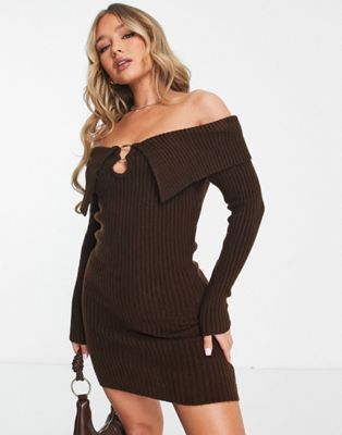 ASOS DESIGN knitted mini dress with off shoulder in brown